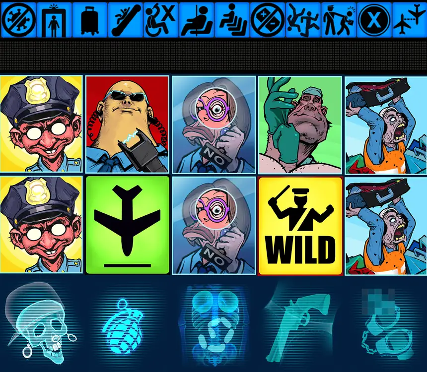 Five reels of airport characters under a strip of twelve lit checkpoint icons, with scanned luggage below