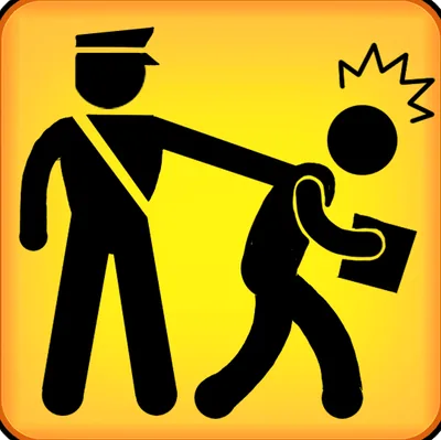 Yellow checkpoint icon of a guard stopping a passenger carrying a case